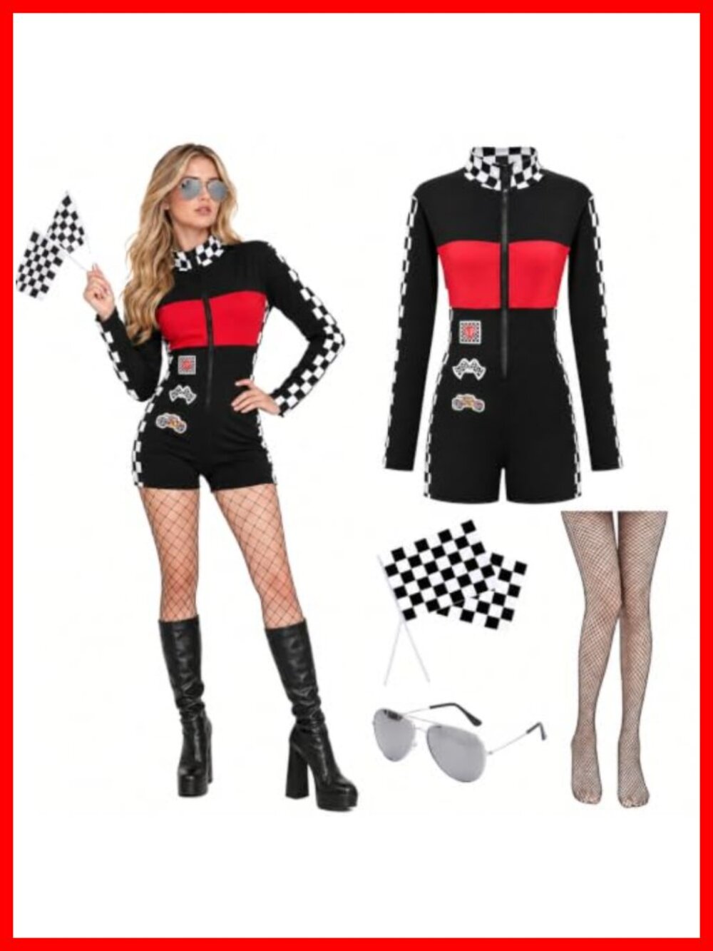 Race Car Driver Costume Set Jumpsuit Sunglasses Checkered Flags Cosplay